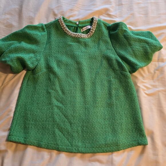 Womens bejeweled neckline jade green bubble sleeve top size medium Vintage Charm - Picture 5 of 10